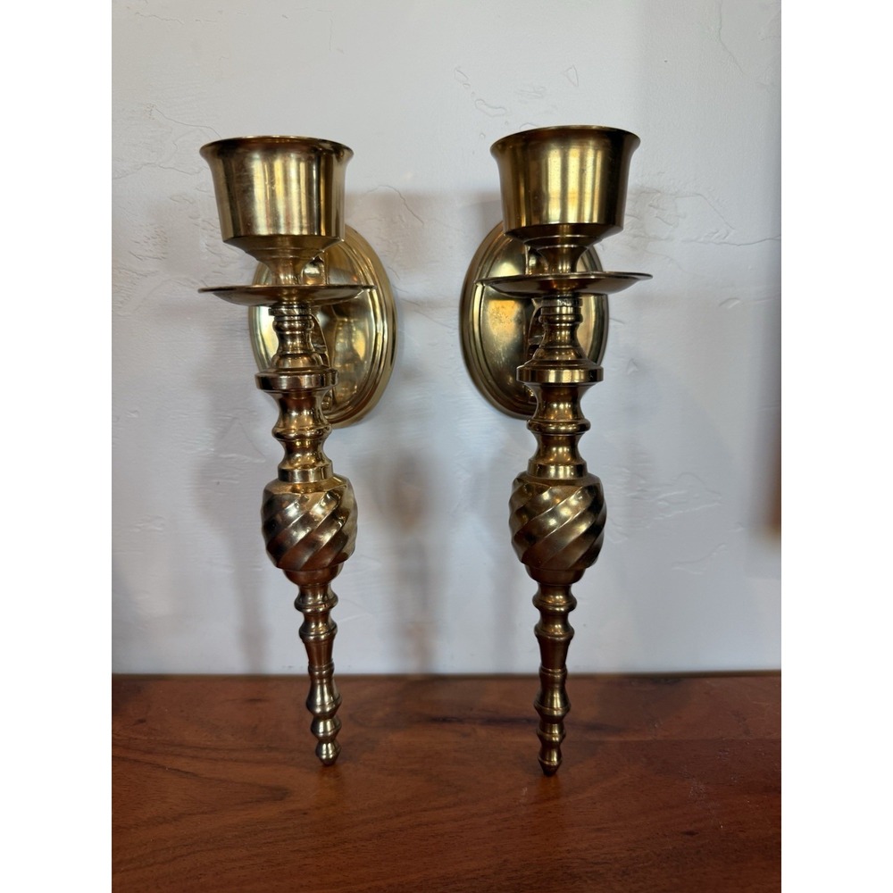 Vintage Set 2 Gatco Rustic Gothic Twist Solid Brass Candle Holders Wall Sconces
